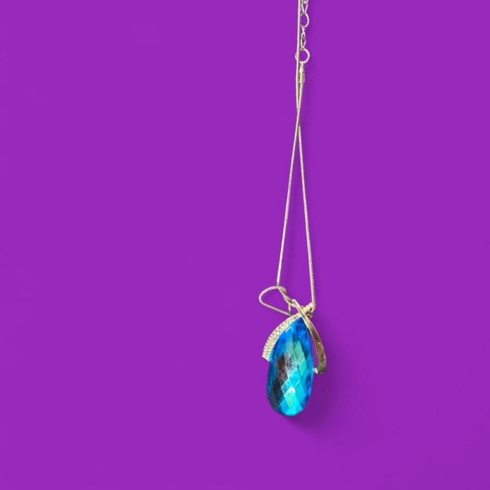 Dangly blue teardrop gemstone pendant necklace w rhinestone style stones